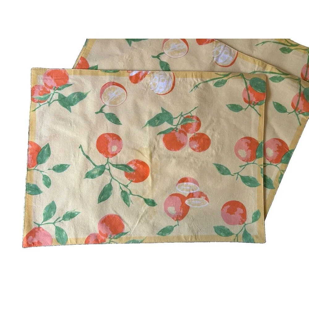 Oranges Placemats Xochi Made in India Vintage Set of 4 Orange Yellow Green Stems